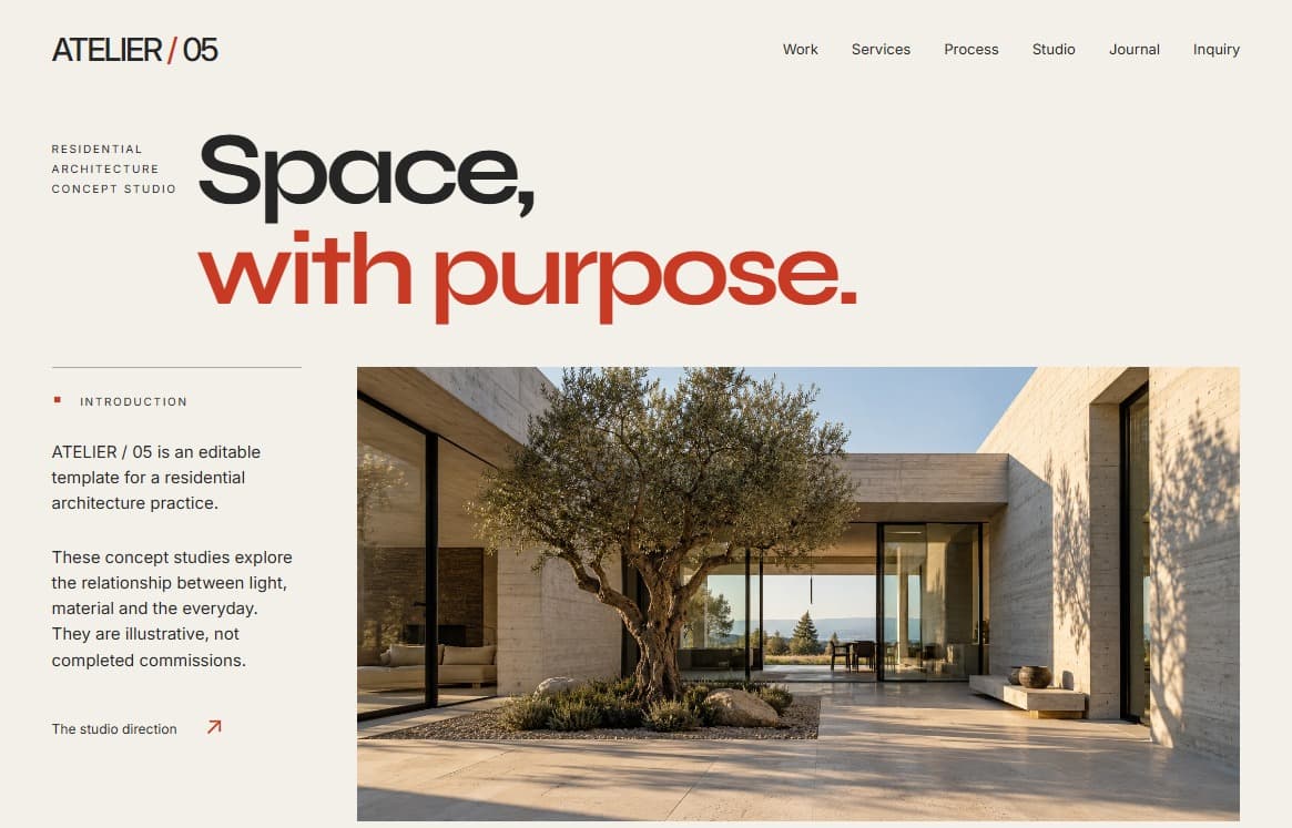 Atelier / 05 architecture template with large red and black type and an imagined courtyard house