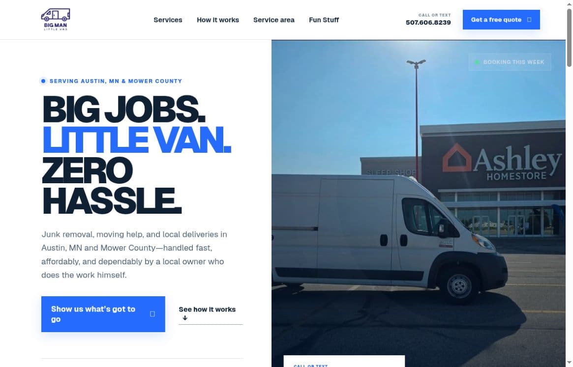 Big Man Little Van website with its blue headline and white work van