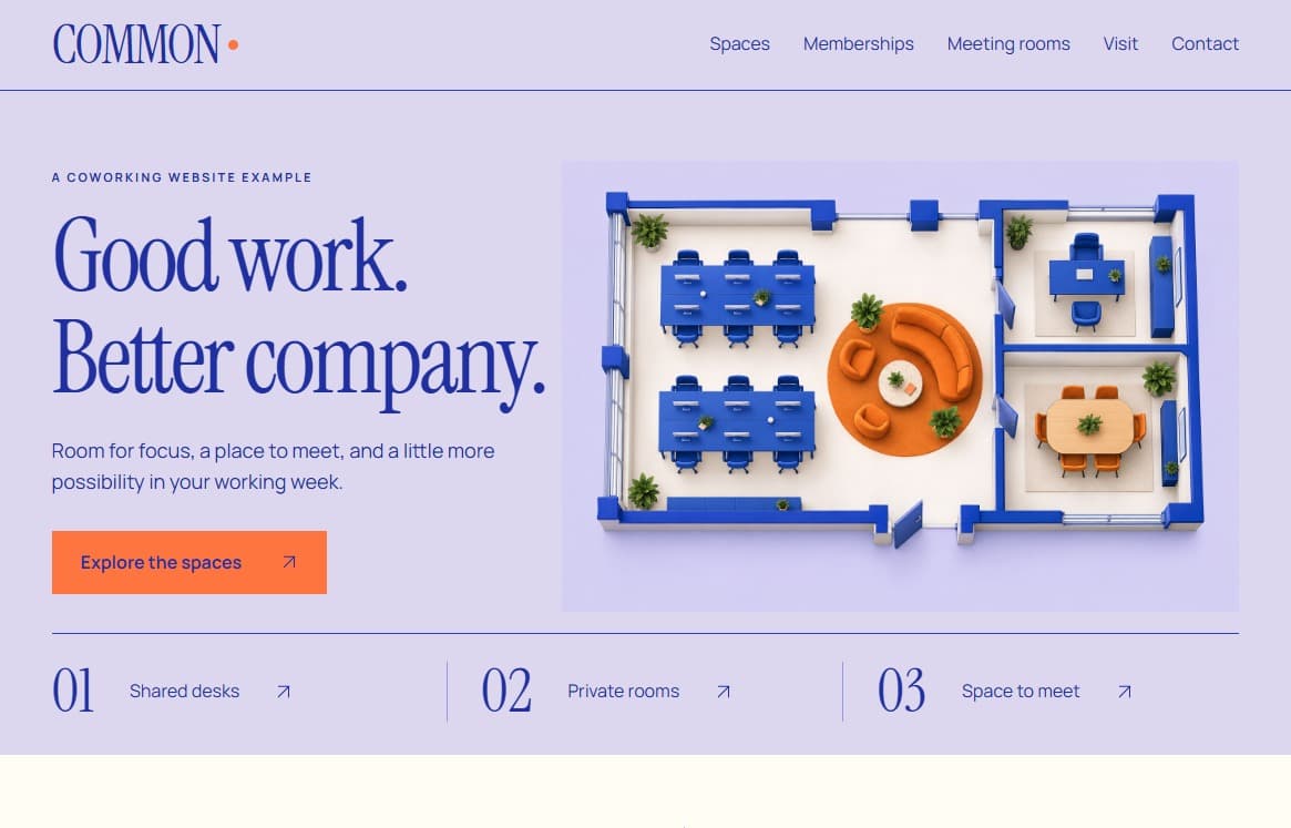 Common coworking template with lilac backgrounds, blue serif type, and a playful conceptual floor plan