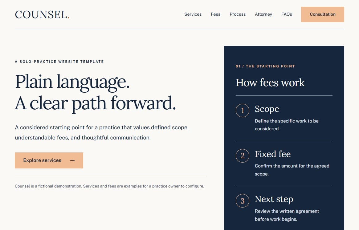 Counsel law practice template with cream and navy panels, serif headings, and a three-step fee explanation