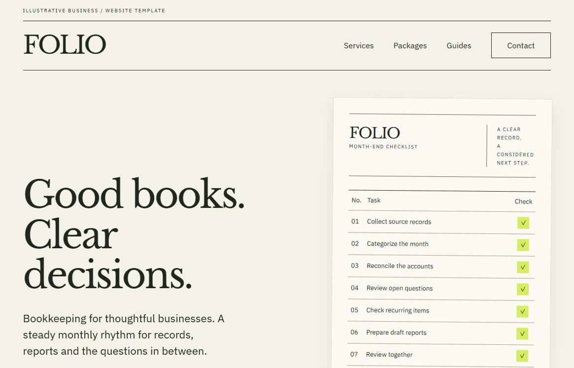 FOLIO bookkeeping template with cream paper tones, large serif type, and a month-end checklist