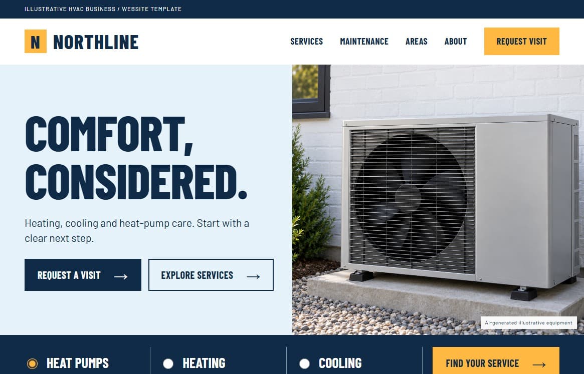 NORTHLINE HVAC template with navy and yellow typography beside an illustrative heat pump