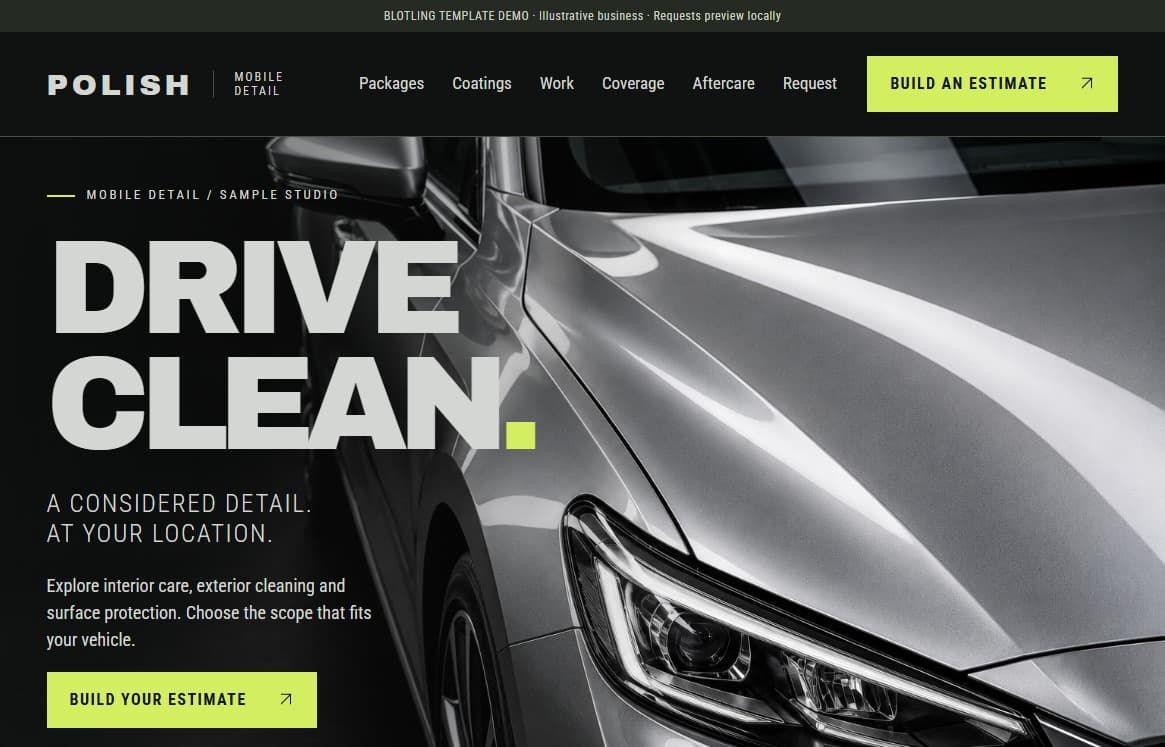 Polish detailing template with charcoal colors, lime accents, and an illustrative silver car