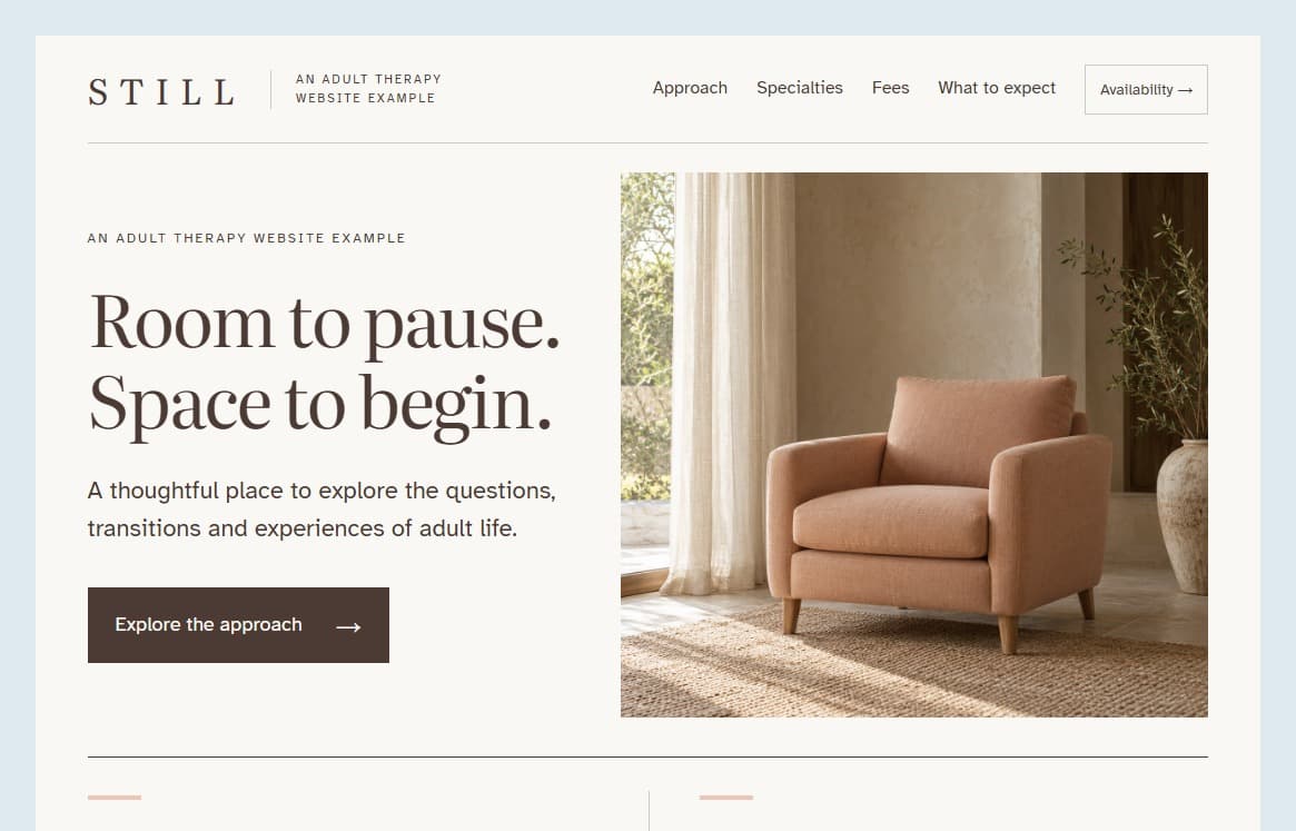 Still adult therapy template with a pale blue frame, quiet serif typography, and an illustrative armchair