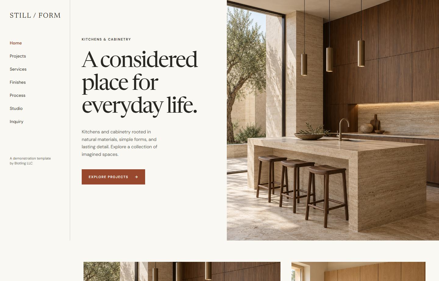 Still / Form template with a quiet side navigation, serif typography, and an imagined walnut kitchen