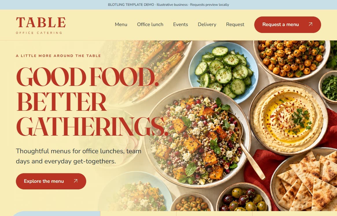 Table catering template with red serif typography on butter yellow beside an illustrative vegetarian spread