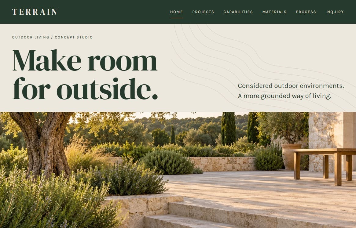 Terrain outdoor living template with forest green serif typography and a sunlit concept courtyard