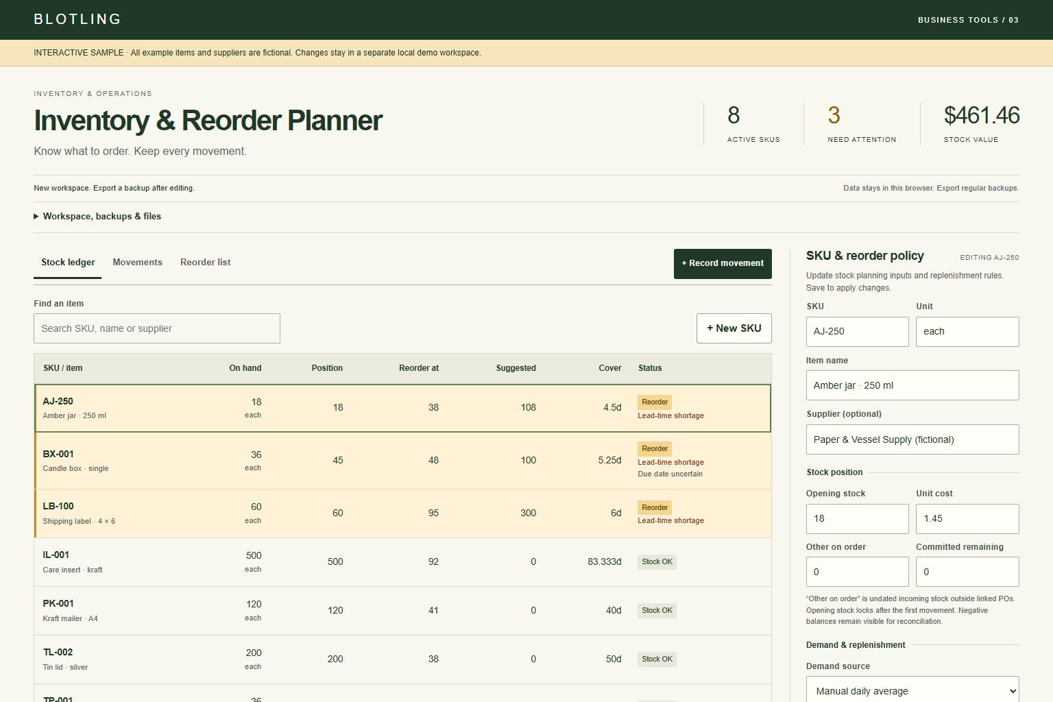 Actual Inventory & Reorder Planner interface showing fictional sample data