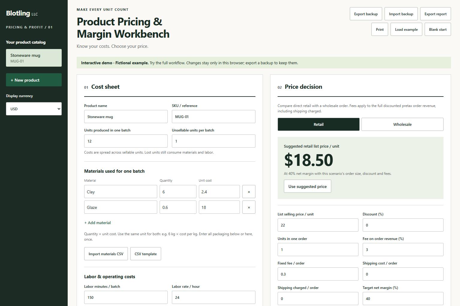 Actual Product Pricing & Margin Workbench interface showing fictional sample data