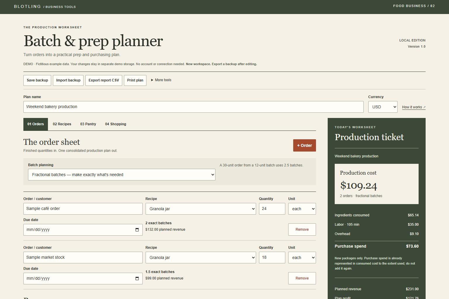 Actual Batch & Prep Planner interface showing fictional sample data