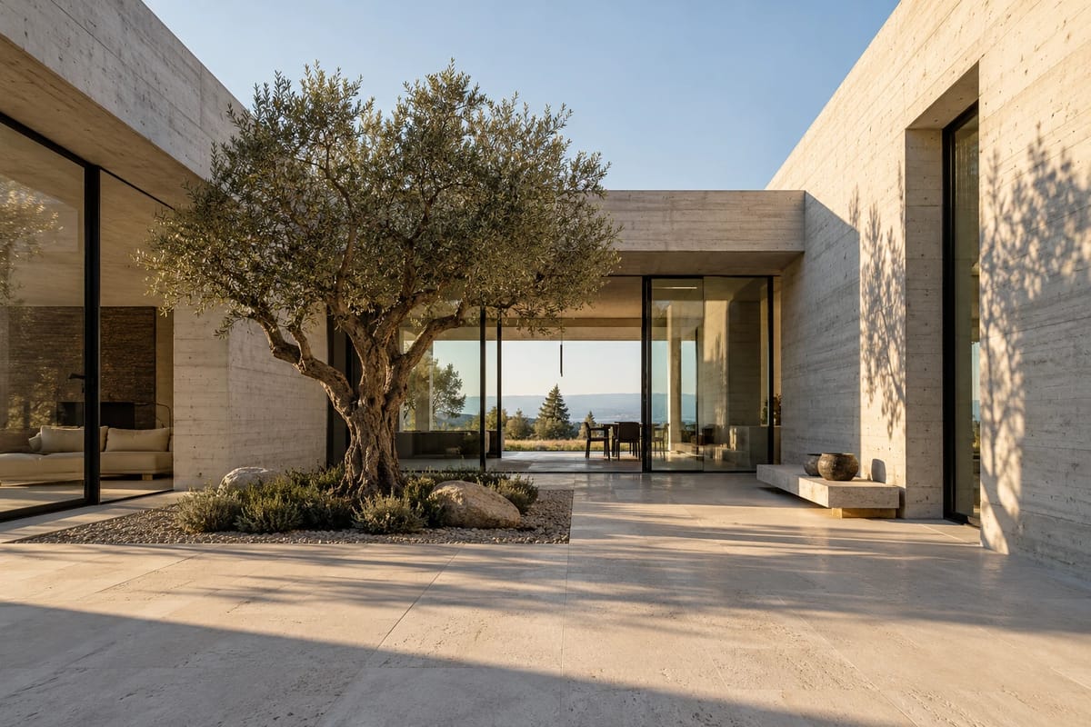 AI concept of an empty concrete house wrapped around an olive-tree courtyard