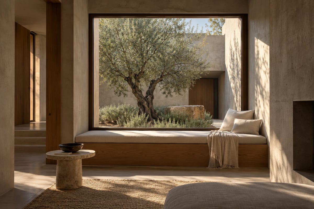 An AI concept of a window seat looking into a courtyard