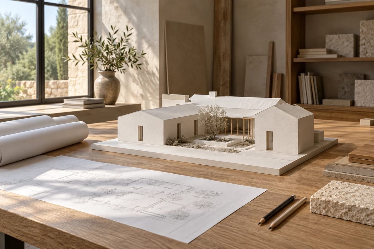 An AI concept of an architectural model on a drafting table