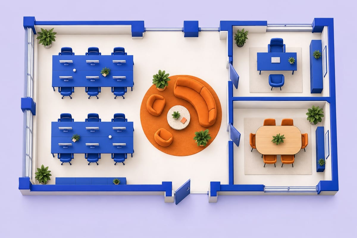 Illustrated coworking floorplan with shared desks, private room and meeting space