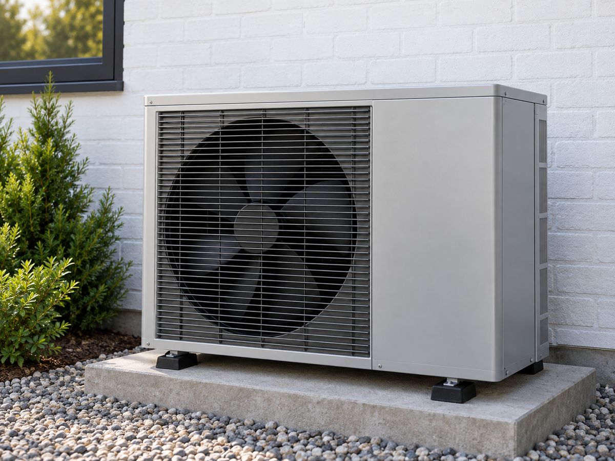 Illustrative silver outdoor heat pump beside white masonry