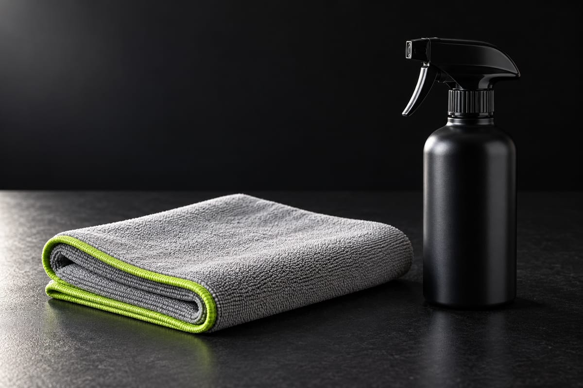 Microfiber cloth and unbranded bottle stilllife