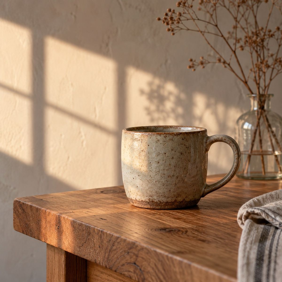 Quiet still life of a ceramic cup beside dried flowers