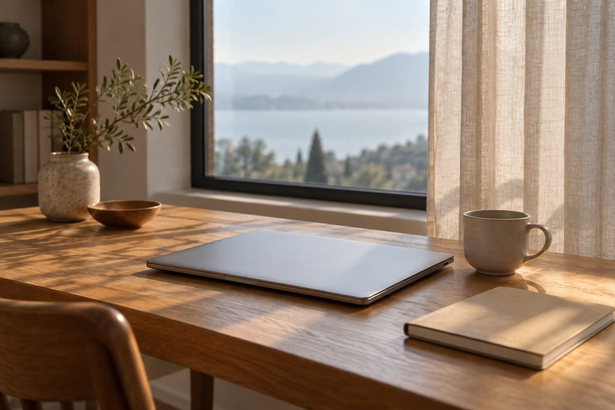 Closed laptop and notebook on an oak desk by a window