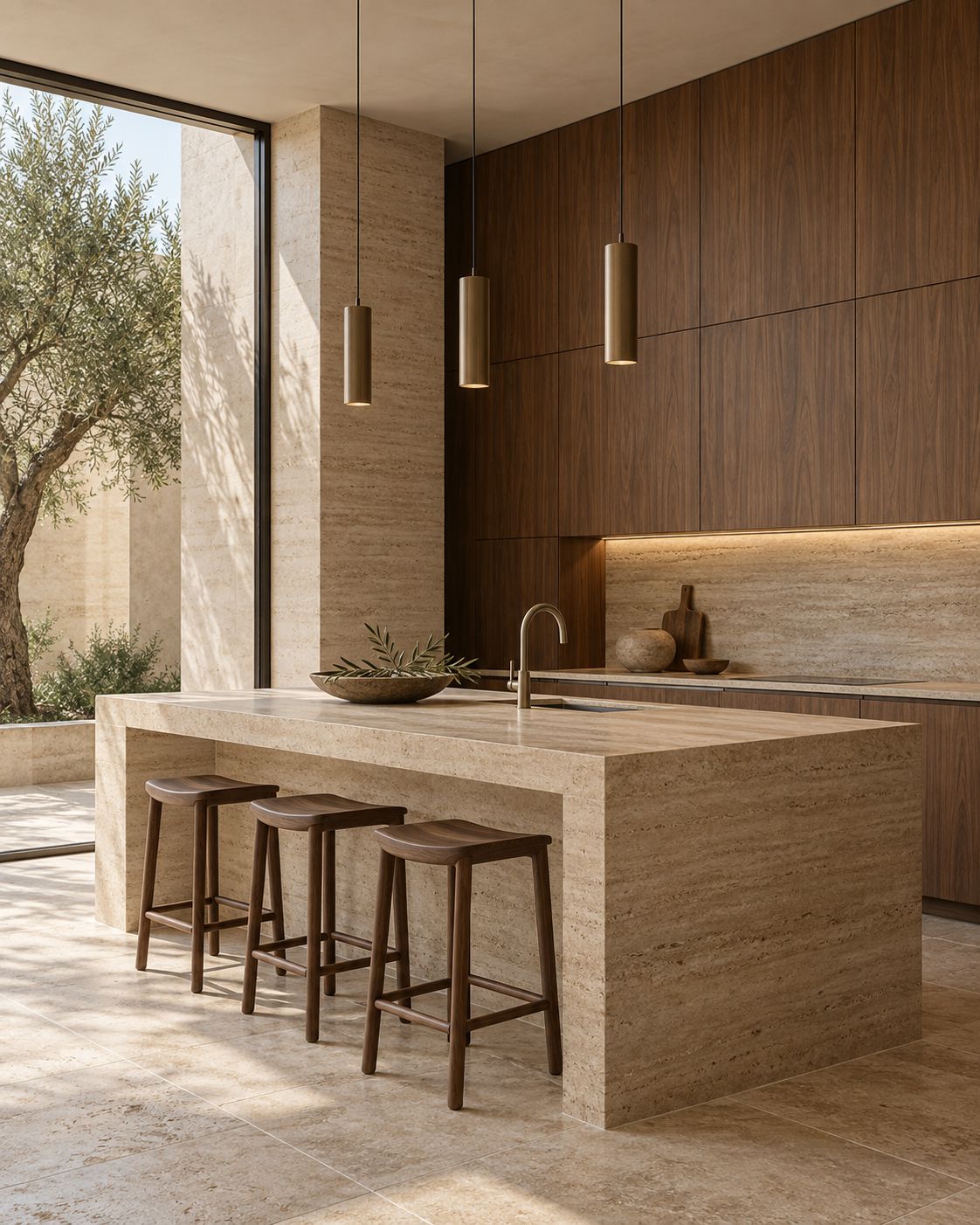 AI concept of walnut cabinetry and a travertine island beside a sunlit courtyard