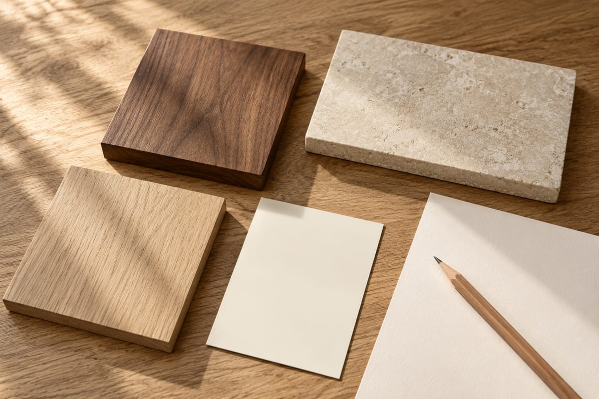 AI still life of cabinetry finish samples and blank drawing paper