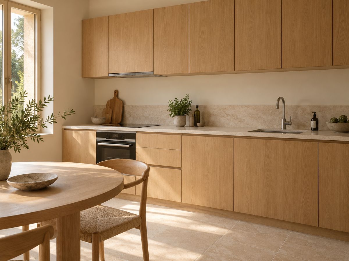 AI concept of a pale oak apartment kitchen