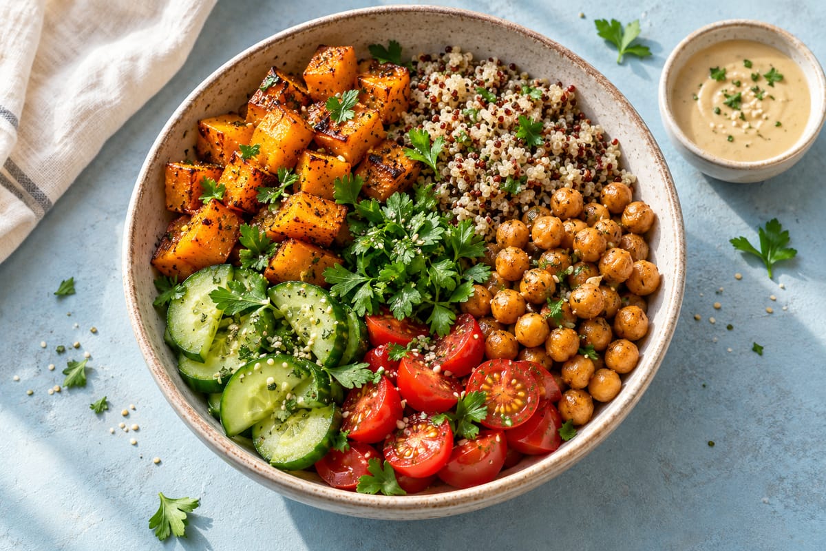 Illustrative colorful grain bowl on a pale-blue table