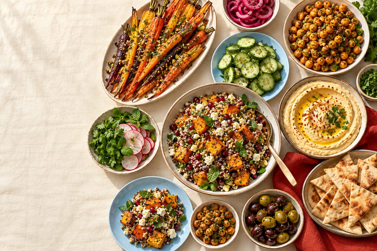 Illustrative overhead vegetarian catering spread on cream linen