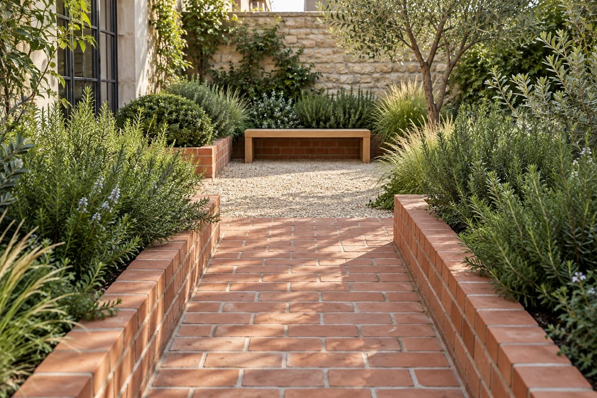 A quiet brick path through a concept garden