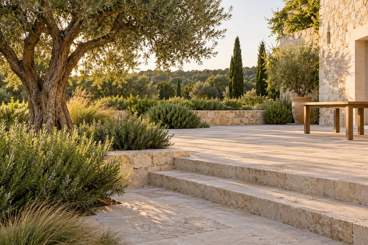 Illustrative AI landscape concept: limestone steps, an olive tree and a quiet garden terrace