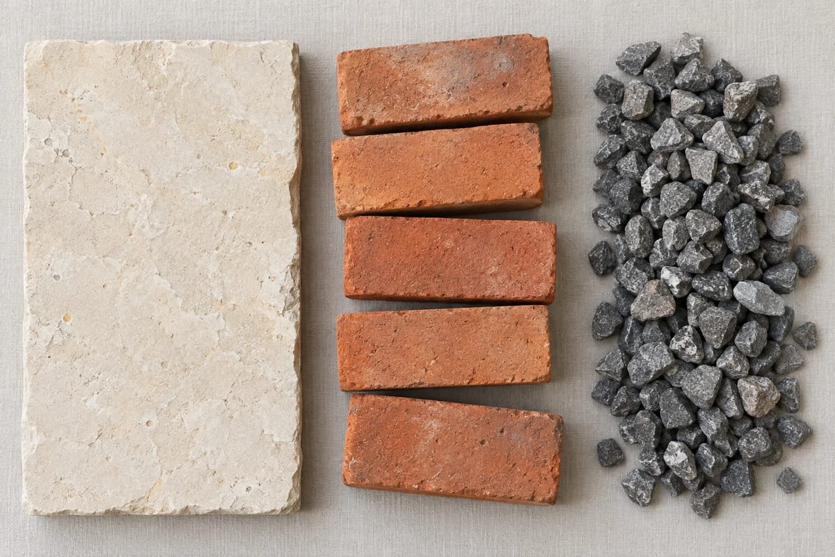 AI-generated material still life of limestone, terracotta bricks and dark gravel
