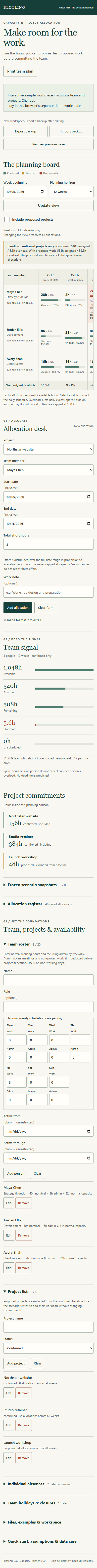 Mobile screenshot of Team Capacity Planner with fictional sample data