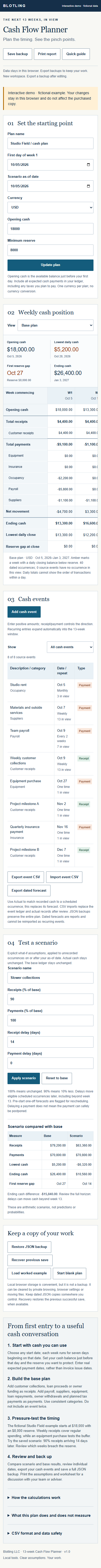 Mobile screenshot of 13-Week Cash Flow Scenario Planner with fictional sample data