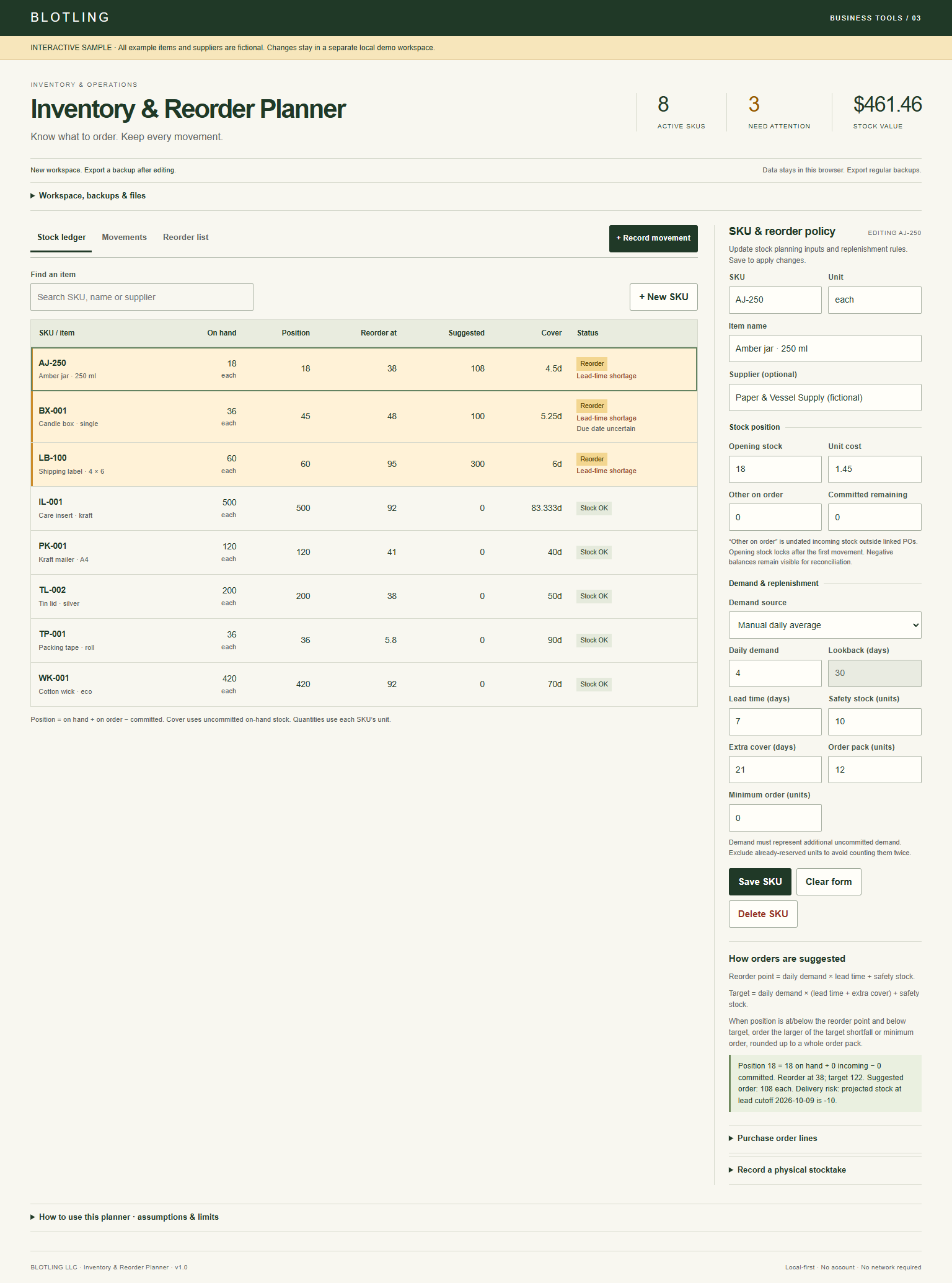 Full desktop screenshot of Inventory & Reorder Planner with fictional sample data