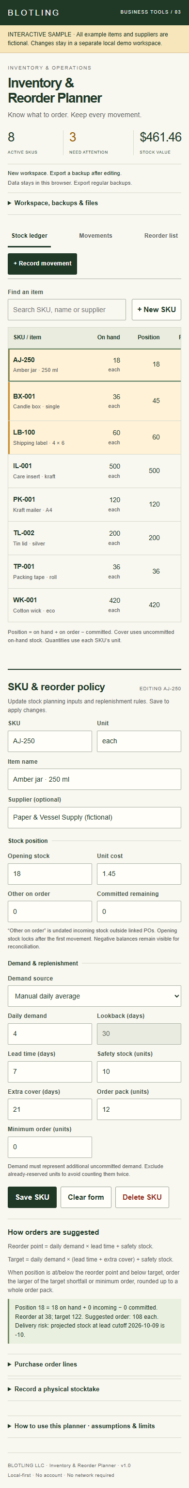 Mobile screenshot of Inventory & Reorder Planner with fictional sample data