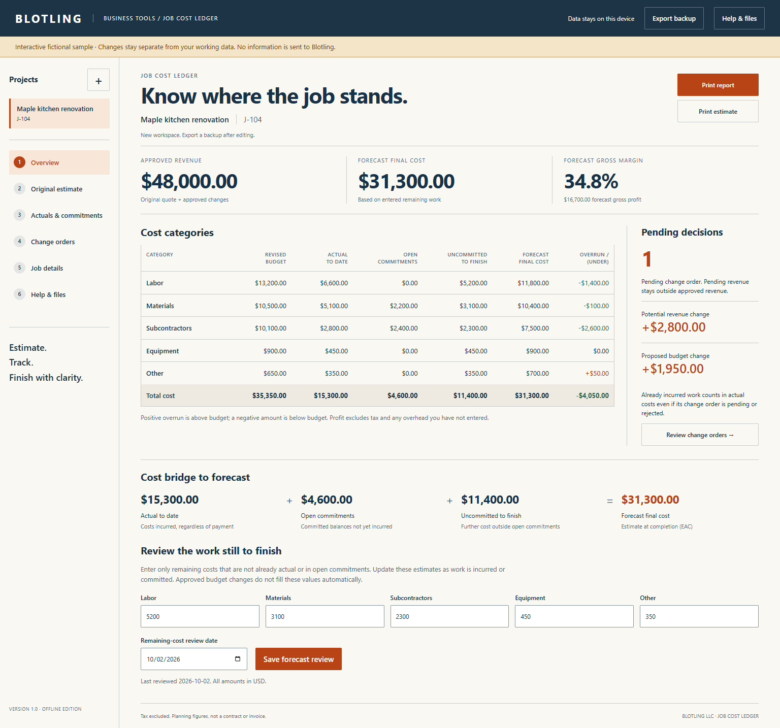 Full desktop screenshot of Contractor Job-Cost Ledger with fictional sample data