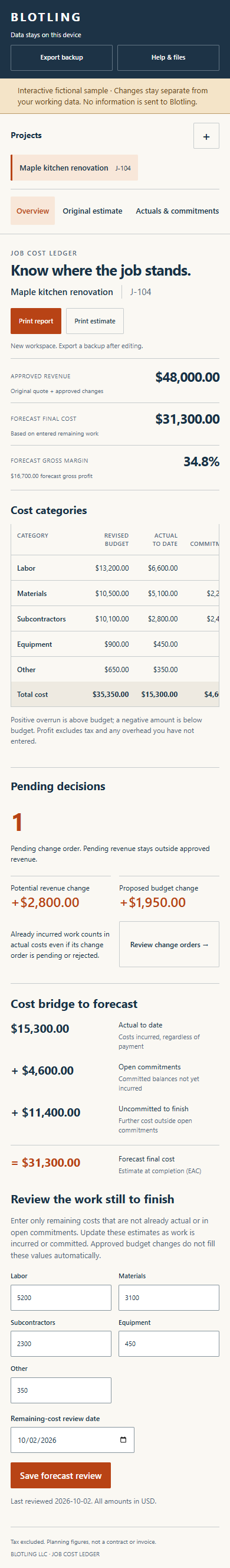 Mobile screenshot of Contractor Job-Cost Ledger with fictional sample data