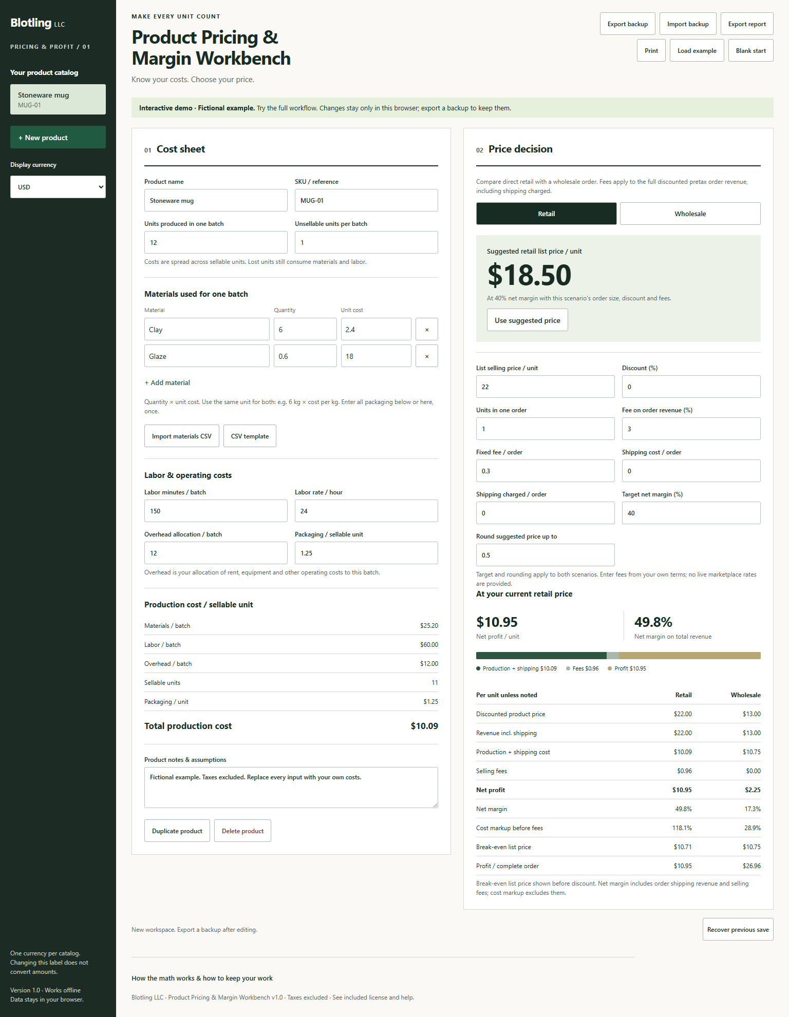 Full desktop screenshot of Product Pricing & Margin Workbench with fictional sample data