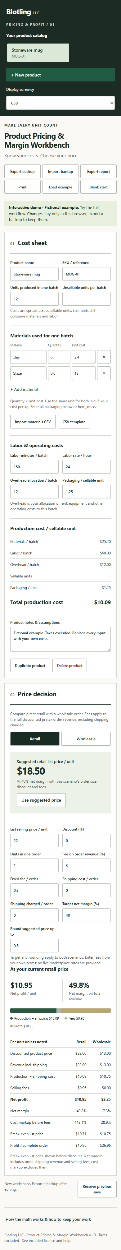 Mobile screenshot of Product Pricing & Margin Workbench with fictional sample data