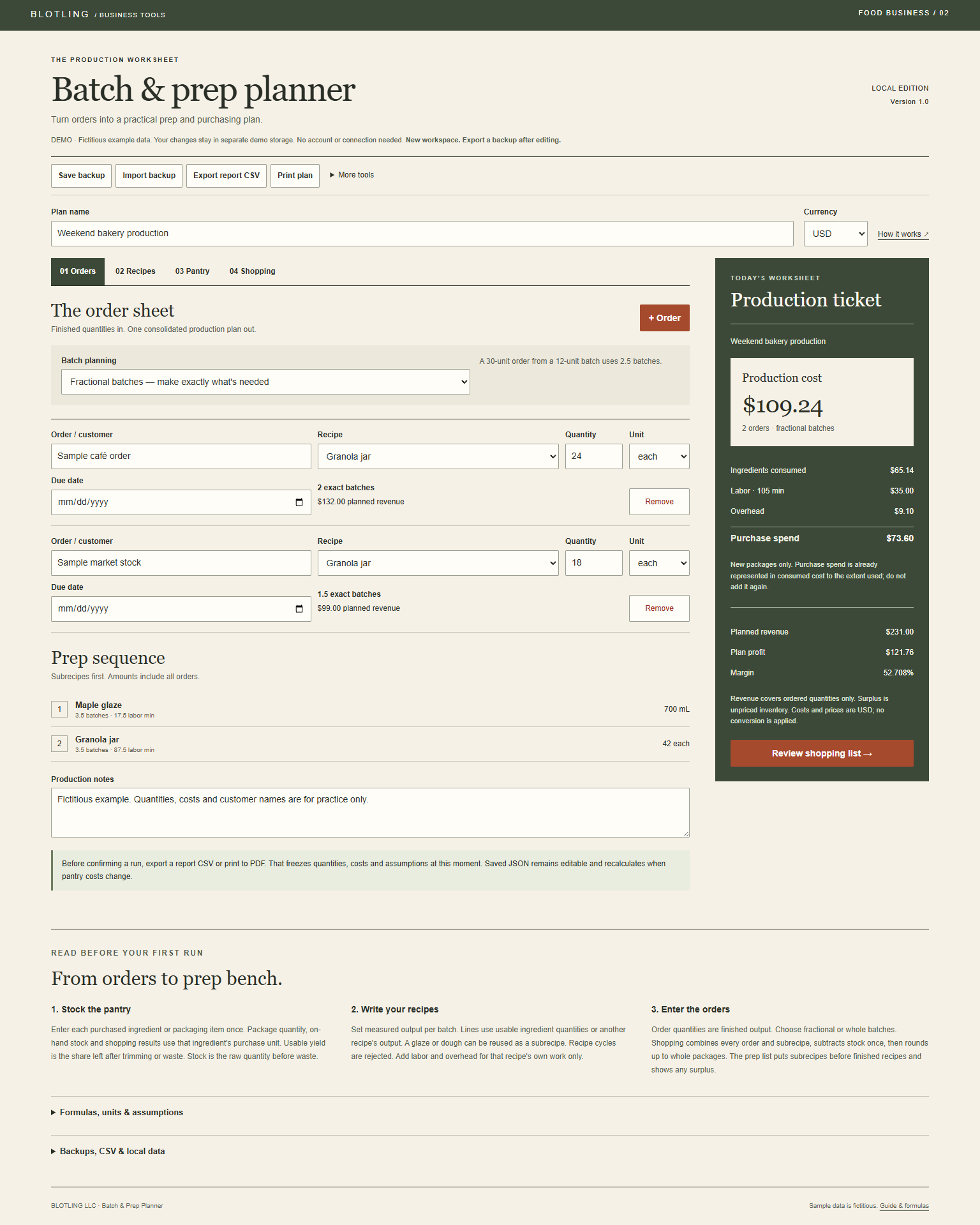 Full desktop screenshot of Batch & Prep Planner with fictional sample data