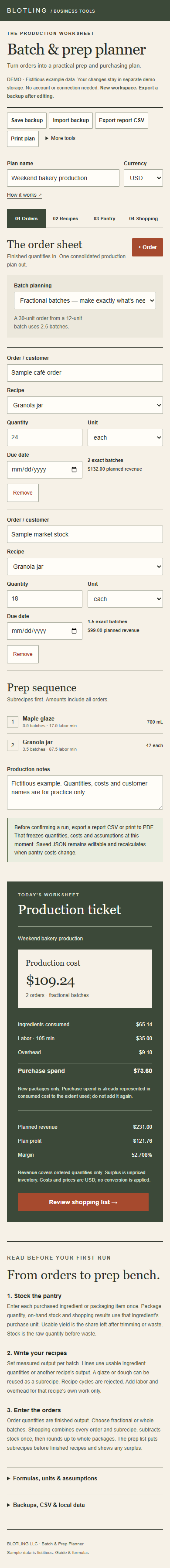 Mobile screenshot of Batch & Prep Planner with fictional sample data