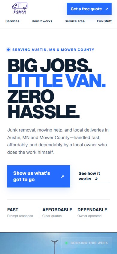 Big Man Little Van website on a phone
