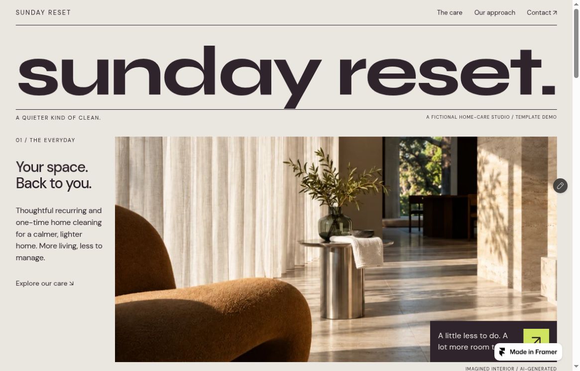 Sunday Reset template with a warm interior, armchair, and generous editorial typography
