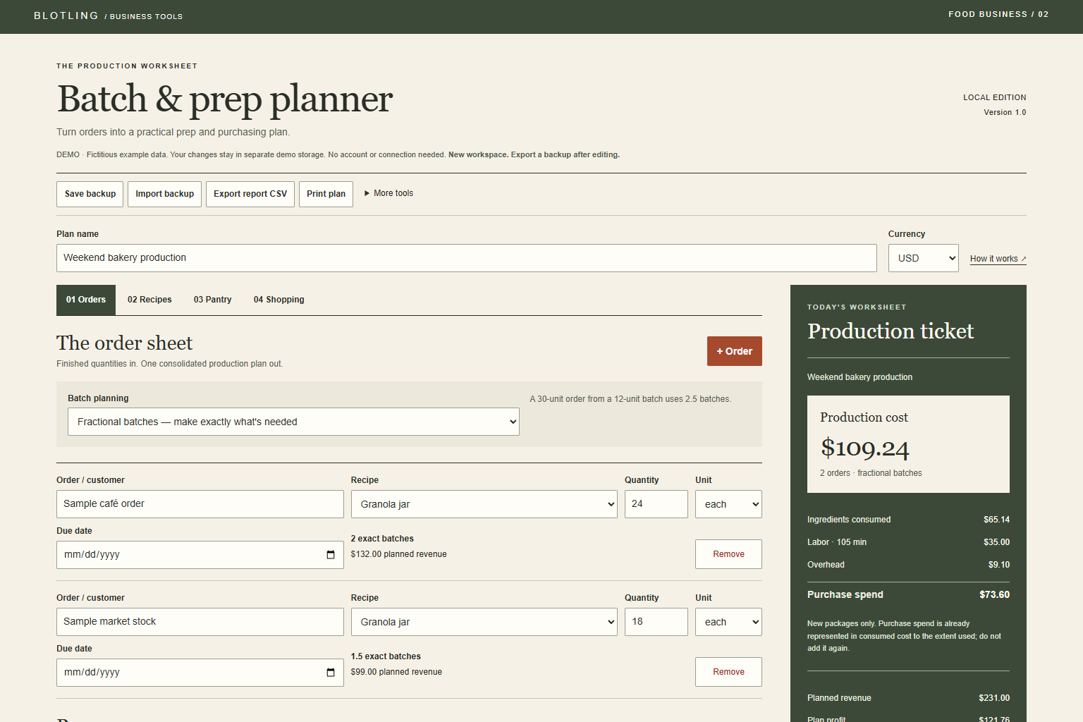 Actual Batch & Prep Planner interface showing fictional sample data