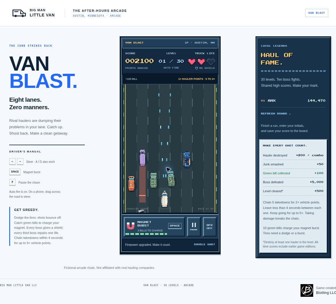 Van Blast arcade game with an eight-lane road, rival vans, score display, and touch controls
